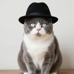 photo of a cat with gray back and legs, white muzzle and underside, ( ( using a black fedora ), white orange eyes