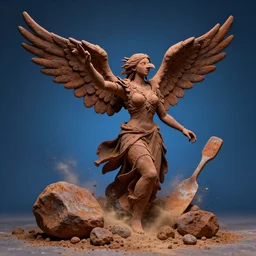 highly detailed photography of a woman made of rust clay with wings and raven, big rocks, hand gesture, dust particles, dirt, dramatic scene, aesthetic, dynamic lighting, masterpiece, by roberto ferri, blue background, high quality, spatula