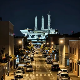 the busy city street looking towards the spaceport at night by cyril rolando and naomi okubo and dan mumford