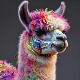 llama with dreadlocks,  vibrant colors, cybernetic, by jarold Sng,  by artgerm, by Eddie Mendoza, by Peter mohrbacher, by tooth wu, unreal engine, octane render, cinematic light, high details, iridescent colors, dichroic, macro