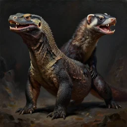 full bodyshot!! symmetry!! a cross between a komodo dragon and a ferret, with a vipers head!! multiple rows of teeth in mouth, sleek dark fur!! dark fantasy, oil painting, in the style of frank frazetta, in the style of boris vallejo, top teir artstation, deviantart, pinterest