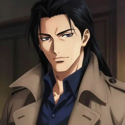 portrait illustration by shigenori soejima, handsome male vampire, focus on face, pretty, cinematic lighting, painterly, long black hair, dark blue shirt and light brown trenchcoat