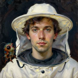 close up portrait of man in white beekeeper suit with a surreal impossible creature from codex. painting by leonora carrington
