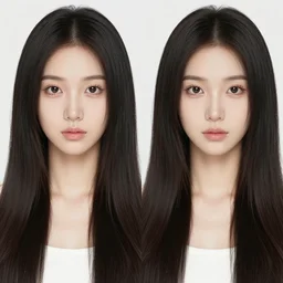 longer hair, identical picture, smaller nose, smaller mouth, feminine female, soft skin