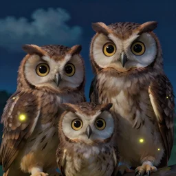 a close up portrait of a family of owlets. the owls have really detailed, fluffy feathers. night time with glowing fireflies, pretty clouds, 3 d painting by hayao miyazaki, wesanderson and jeffrey smart