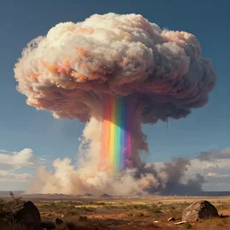 a rainbow nuclear mushroom cloud in wastelands, detailed, trending on artstation, by mumford and sons