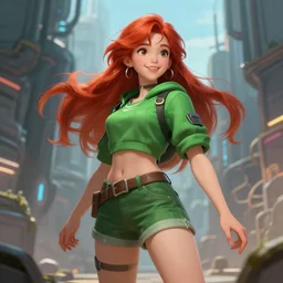 beautiful cute athletic red haired eighteen year old young girl standing up, casual green clothing, long hair, cyberpunk city, cute smiling face, dynamic pose, rpg character, sci - fi, intricate, elegant, digital painting, artstation, concept art, smooth, 8 k frostbite 3 engine, ultra detailed, art by artgerm and greg rutkowski and magali villeneuve