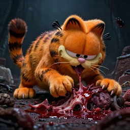 realistic photograph of a horrorific monster garfield the cat that's in the middle of eating his victims, blood, cursed, ultra detail, fantasy, darkness, nightmare, horror,, 4 k