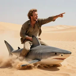 paul walker rides a shark in the desert, sand, spraying sand, like lawrence of arabia, he's yelling, pointing into the distance, dust everywhere, close up