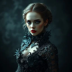 portrait of beautiful female model by irakli nadar with intricate detailed wearing dress designed by alexander mcqueen and rocky gathercole, haunting, elite, elegant, ruan jia, dark, hyper detailed, concept art, by gustav klimt,