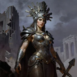 mighty princess of the wasteland, scrap metal headdress, damaged building, strong line, deep color, cloudy sky, beautiful! coherent! by brom, by frank frazetta,