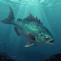 a giant fish that is floating in the water, concept art by chris labrooy, trending on artstation, fantasy art, lovecraftian, 2 d game art, concept art