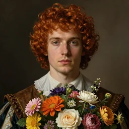 close - up character portrait of young man with short curly amber!! reddish!! hair, clothes in 1 7 th century style, symmetrical, beautiful, holding colourful flowers bouquet, cinematic lighting, highly detailed, digital art, oil painting, highly detailed, sharp focus, matte painting, renaissance painting, by kinkade, by alphonse mucha, by leyendecker, by rutkowsky,