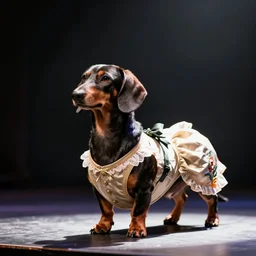 professional stage photography of a dachshund in an opera gown