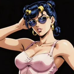 beautiful barbarian woman wearing sunglasses, fashion pose, gorgeous face, shapely chest, jojo cover art, jojo anime style, david production, style of vento aureo cover art, style of stone ocean cover art, style of steel ball run cover art, style of jojolion cover art, ilya kuvshinov style, alexandra fomina artstation, illustrated by hirohiko araki.