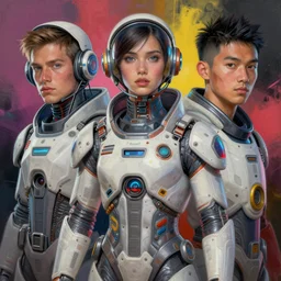futuristic space explorer portraits. spray painting. unreal engine, artstation. mucha, chris mars, victo ngai