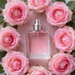 perfume bottle surrounded by bouquet of artistic, luscious pink roses, romantic sparkly mist, soft femme, simple path traced, environment, up close shot