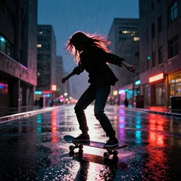 a silhouetted person with long, flowing hair skateboards through an empty brutalist city in the rain, colored gel lighting, reflective surfaces, midnight, portra, film grain, high contrast, hyperdetailed, chromatic aberration, reminiscent of blade runner, dynamic pose