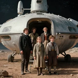 70mm still from a sci fi blockbuster movie made in 2022, set in 1860, of a family leaving a spaceship, that has just landed on an alien planet, wearing 1850s era clothes, good lighting, 4k, HD, in focus, clear faces