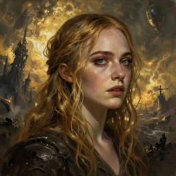 Elle Fanning in the painted world of Dark Souls, head and shoulders masterpiece, apocalypse, golden hour, cosmic horror, artstation, in the style of Dada, extremely detailed