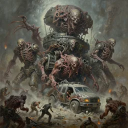 oil paint of 1 1 horrifying machines as autolysis idols, terrifying, tick vehicle wearing flayed gods, in tiers, colossal medical gangrene machines in tiers, insane speed of dethroning melee, battle pit, by wayne d barlowe, boris vallejo, stefano tamburini, torch light, muted colors, epic, hyper detailed, awe inspiring, award winning horror, hyper