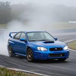 A highly detailed 4K photo of a blue 2004 subaru wrx drifting around a corner foggy day