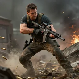 “ a man dodging bullets, action shot, in the style of boris vallejo and julie bell, photorealistic, unreal engine ”