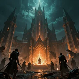 epic battlefield. medieval. epic fantasy cathedral castle. denis villeneuve. hr giger. night. glowing light. orange and teal. artstation trending. destruction. final battle. epic fantasy film. high fantasy. highly detailed. fine details.