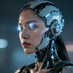 photo of sweaty soulful female as a cyberpunk mecha humanoid robotic head and face parts with straight bright led lights, small light emitting cables, sweaty skin dripping down face, ultra - realistic and detailed, long exposure 8 k