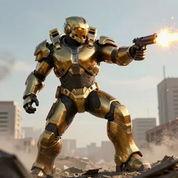 Jordan Peterson wearing power armor while screaming and firing a gun