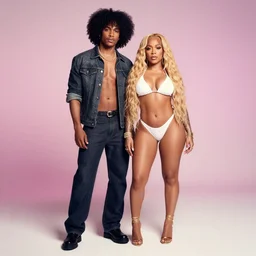 realistic, east african man with curly hair next to megan thee stallion, seductive, romantic, dreamy tones, realistic, full body, love, sharp focus, editorial