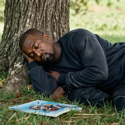 Kanye West sleeping under a tree, painting