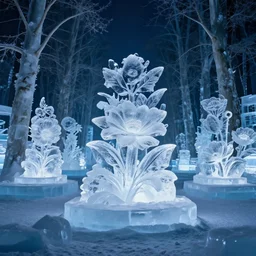 cinematic still of an ice sculpture forest at night with ice sculpture flowers and nature, cold ambient light, beautiful, 4 k, masterpiece,