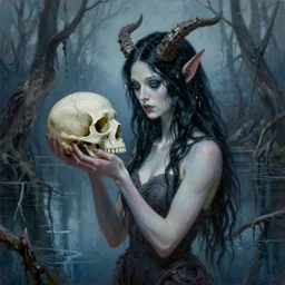 evil rusalka of the blighted swamp, aquiline features, holding a human skull thin, young black shimmering hair, by brian froud, cold secondary colors, colors reflecting on lake, swamp roots and dead trees, oil on canvas, oil panting