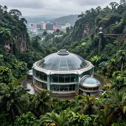 extreme wide shot a futuristic containment building in a rainforest valley with a city in the distance, national geographic, hyper realistic, 4 k, harsh light