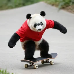 Panda wearing a red shirt riding a skateboard