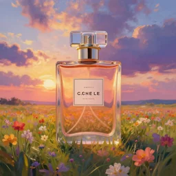 giant perfume bottle in flower field, surreal photography, sunrise, dramatic light, impressionist painting, colorful clouds, digital painting, artstation, simon stalenhag