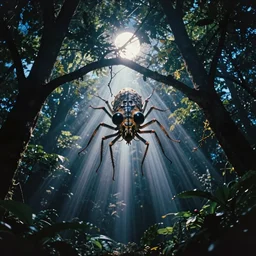 4 k rhizomatic computer vision!!!! an insect forest god, his insectile head materialising from the canopy ; corporeal chitinous flesh spun solid from beam and vapour. he manifests in moonlight, slipping through arched branches, night time photography mystical glitch polachrome 3 5 mm instant film