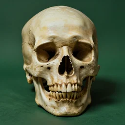 a self portrait by an old skull, green background