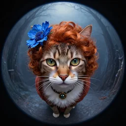 curved perspective, extreme narrow, extreme fisheye, digital art of a female cat with ginger hairstyle with blue flower in her hair by anton fadeev from nightmare before christmas