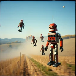 kodak portra 4 0 0, wetplate, muted colours, blueberry, 1 9 3 0 s style, award winning portrait by britt marling of tin toy robots flying trough a sunny tuscan countryside in autumn, haze, explosions, rockets, bombs, motion blur, by georges melies
