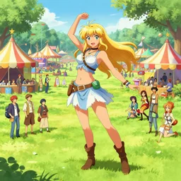 concept art of a beautiful blonde cavewoman ayla dancing at the millennial fair from chrono trigger, outdoor fairgrounds, grass, trees, colorful striped pavillions, by stanley artgerm lau, wlop, rossdraws, james jean, andrei riabovitchev, marc simonetti, and sakimichan, tranding on artstation