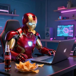 iron man eats chips and plays laptop in detailed gamer room, coke and chips on table, cyberpunk concept art, trending on artstation, highly detailed, digital art, 8 k