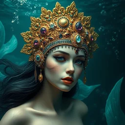 portrait of beautiful mermaid underwater by irakli nadar with intricate detailed ornate headdress made of gold and gems stones, coral reefs, haunting, elite, elegant, melting wax, mycelia, abstract impressionism, ruan jia, dark fantasy, hyper detailed, concept art, by gustav klimt,