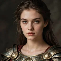 close - up portrait of beautiful model dressed gladiator with metallic armor, art by the herb ritts