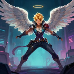 snufkin with angel wings as apex legends character, digital illustration portrait design, by android jones and greg rutkowski, retrowave color scheme, detailed, cinematic lighting, wide angle action dynamic portrait