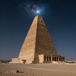 gigantic stone ziggurat in a lifeless dessert at midnight with stars and a nebula hanging over the peak of the temple