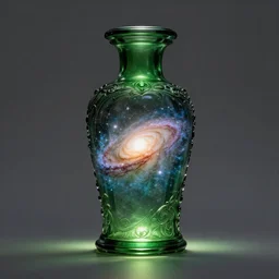 the andromeda galaxy inside!!!!! an ornate green bottle, spot light from the bottom