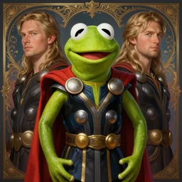 symmetry portrait of kermit the frog dressed as thor, intricate, elegant, highly detailed, digital painting, artstation, concept art, smooth, sharp focus, illustration, art by artgerm and greg rutkowski and alphonse mucha