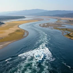wide shot photo of river delta and sea waves by hiroshi yoshida, roger deakins, turner, rothko, full height fluid simulation in houdini, distant mountain range, hyperrealism, highlands, matte painting, prometheus, unknown pleasures, top view, graphic design, trending on artstation, 8 k very hight detail, concept art, rendered in octane, 7 0 mm lens